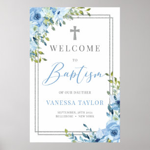 Boho stoffig blauwe en zilveren glinsterende Doop Poster