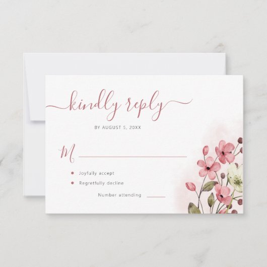 Boho stoffig roos waterverf bloemenbruiloft RSVP kaartje (Voorkant)