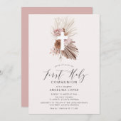 Boho Stoffig Roze Bloemen Eerste Communie Uitnodig Kaart (Voorkant / Achterkant)