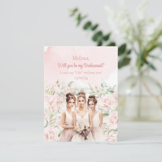 Boho stoffig roze Bloemen Eucalyptus goud Bruidsme Kaart (Staand voorkant)