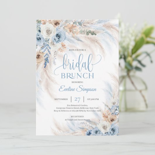 Boho Stoffige blauwe bloemen en pampa's Bruidsbrun Kaart (Staand voorkant)