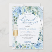 Boho stoffige blauwe bloemen groen brunch en bubbe kaart (Voorkant)