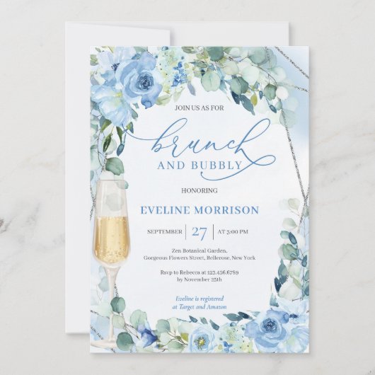 Boho stoffige blauwe bloemen groen brunch en bubbe kaart (Voorkant)