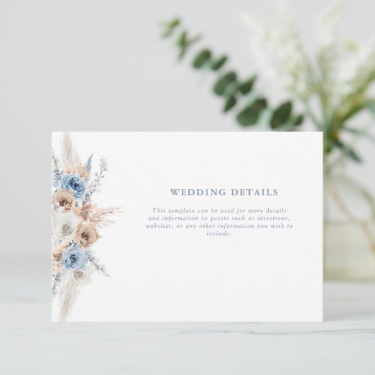 Boho stoffige blauwe bloemenbruiloft details kaart (Staand voorkant)