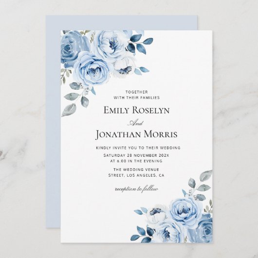 boho stoffige blauwe bloemenbruiloft uitnodiging (Voorkant / Achterkant)