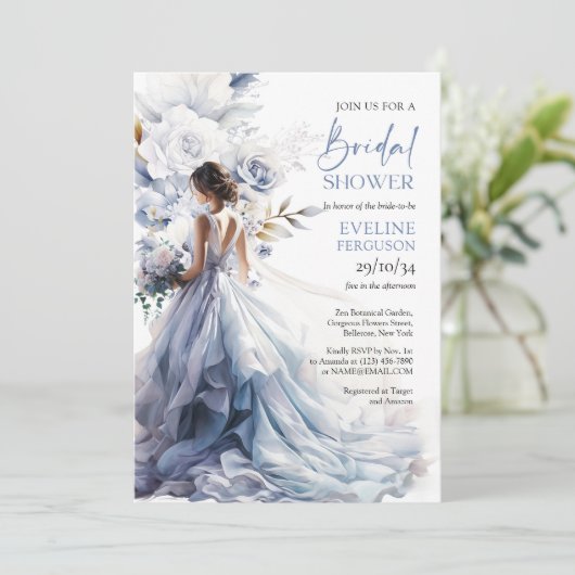 Boho stoffige blauwe bloemeneucalyptus bruidsjurk kaart (Staand voorkant)