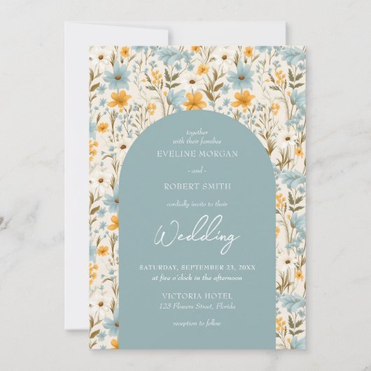 Boho stoffige blauwe en gele wilde bloemen boog kaart (Voorkant)