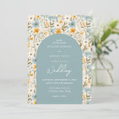 Boho stoffige blauwe en gele wilde bloemen boog kaart (Staand voorkant)