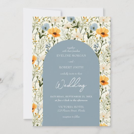 Boho stoffige blauwe en gele wilde bloemen boog kaart (Voorkant)