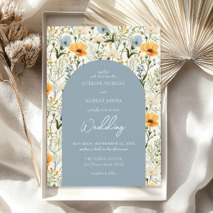Boho stoffige blauwe en gele wilde bloemen boog kaart