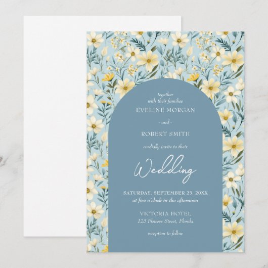 Boho stoffige blauwe en ivoren wilde bloemen boog kaart (Voorkant / Achterkant)