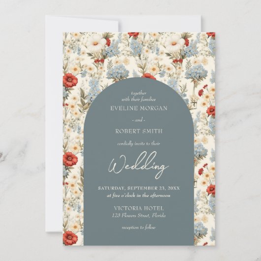 Boho stoffige blauwe en terracotta wilde bloemen b kaart (Voorkant)