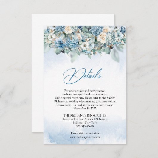 Boho stoffige blauwe hortensia en witte rozen deta informatiekaartje (Voorkant / Achterkant)