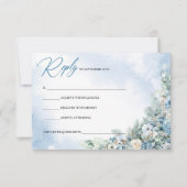 Boho stoffige blauwe hortensia en witte rozen RSVP kaartje (Voorkant)