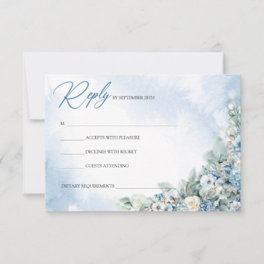 Boho stoffige blauwe hortensia en witte rozen RSVP kaartje (Voorkant)