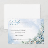 Boho stoffige blauwe hortensia en witte rozen RSVP kaartje (Voorkant / Achterkant)