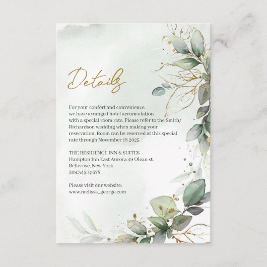 Boho stoffige groene bladeren gouden lijsten detai informatiekaartje (Voorkant)