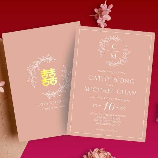 Boho stoffige roze bladkrans modern Chinees huweli Kaart