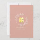 Boho stoffige roze bladkrans modern Chinees huweli Kaart (Achterkant)