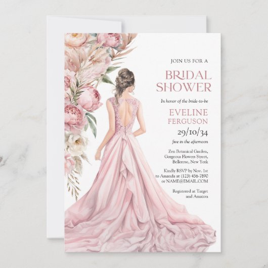 Boho stoffige roze pioenen pampas gras eucalyptus kaart (Voorkant)