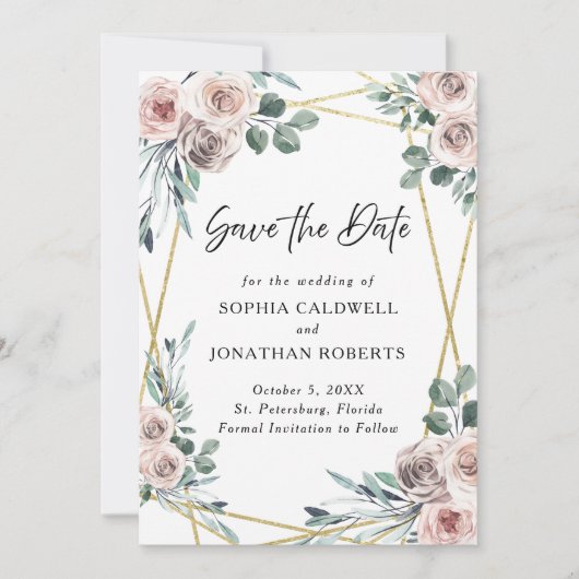 Boho Stofrozen Roze Rozen Bloemige Groene Bruiloft Save The Date (Voorkant)