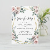Boho Stofrozen Roze Rozen Bloemige Groene Bruiloft Save The Date (Staand voorkant)