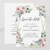 Boho Stofrozen Roze Rozen Bloemige Groene Bruiloft Save The Date (Voorkant / Achterkant)