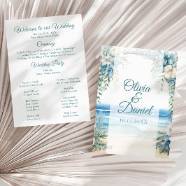 Boho Strand Blauw Bloemen Boog Huwelijksprogramma Programmakaart