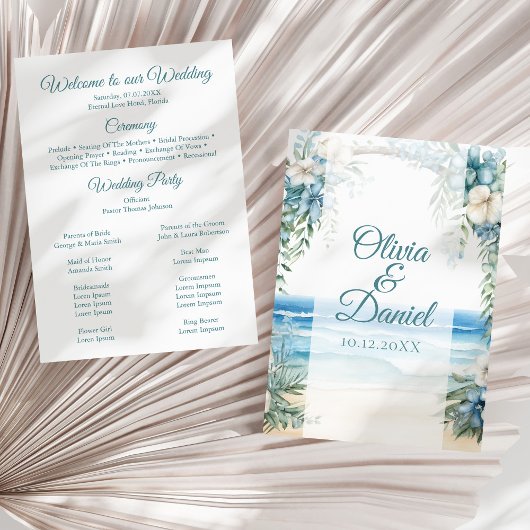 Boho Strand Blauw Bloemen Boog Huwelijksprogramma Programmakaart