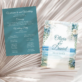 Boho Strand Blauw Bloemen Boog Huwelijksprogramma Programmakaart