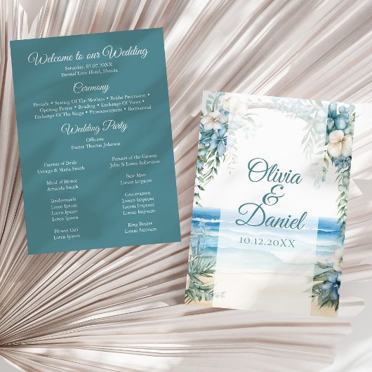 Boho Strand Blauw Bloemen Boog Huwelijksprogramma Programmakaart
