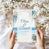 Boho Strand Blauw Bloemen Boog Huwelijksprogramma Programmakaart