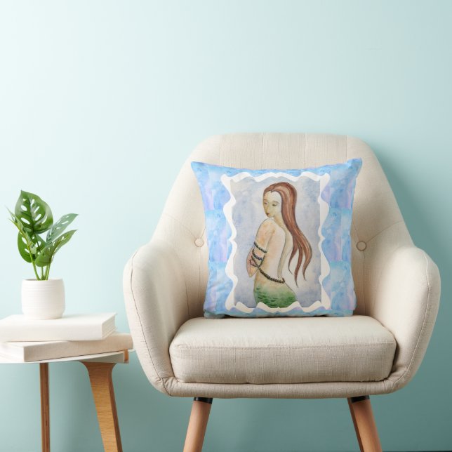 Boho Strand Blauwe Oceaan Zeemeermin Waterverf Kussen (Stoel)