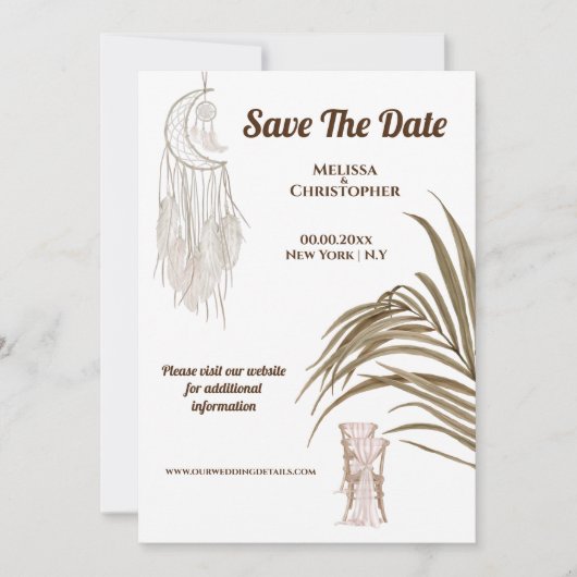 Boho strand dromenvanger trouwjurk chic save the date (Voorkant)