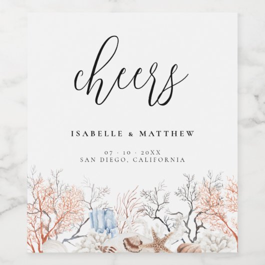 Boho strand koraal rif bruiloft wijn etiket (Enkel label)