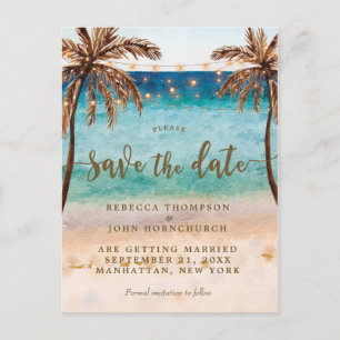 boho strandbruiloft met briefkaart op date