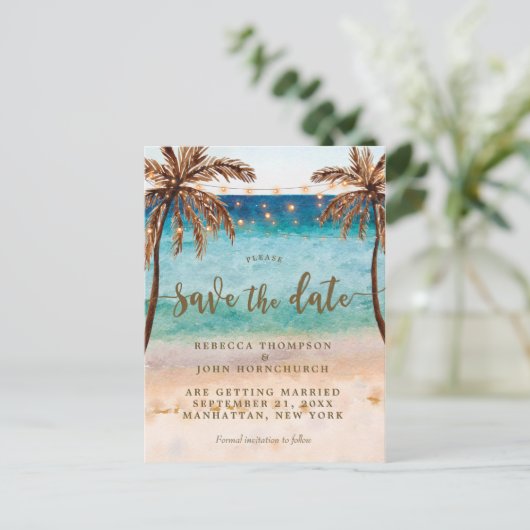 boho strandbruiloft met briefkaart op date (Staand voorkant)