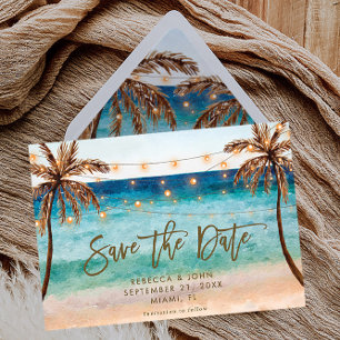 boho strandbruiloft met briefkaart op date