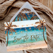 boho strandbruiloft met briefkaart op date