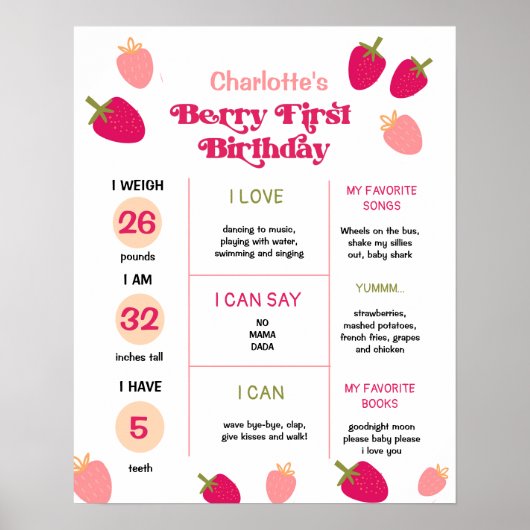 Boho Strawberry Berry First Birthday Milestone Poster (Voorkant)