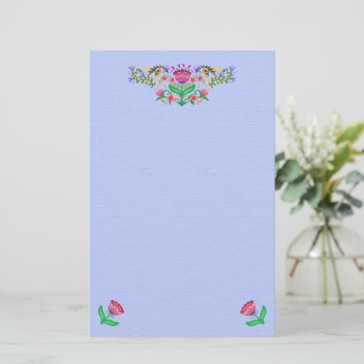 Boho Style Bloemenrand op lichtblauw Briefpapier (Staand voorkant)