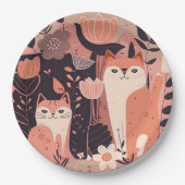 Boho Style Cats en Flowers Pink Birthday Party Papieren Bordje (Voorkant)