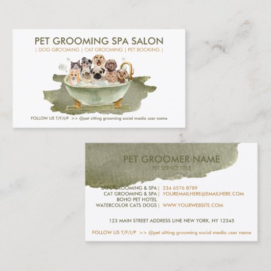 Boho Style Grooming Pet Bath Spa Cats Dogs Visitekaartje (Voorkant / Achterkant)