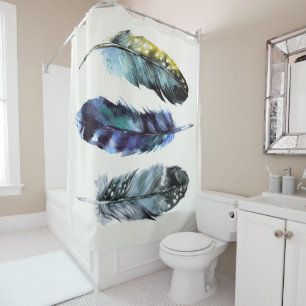 Boho Style Waterverf Birds Feathers Blue Cream Douchegordijn