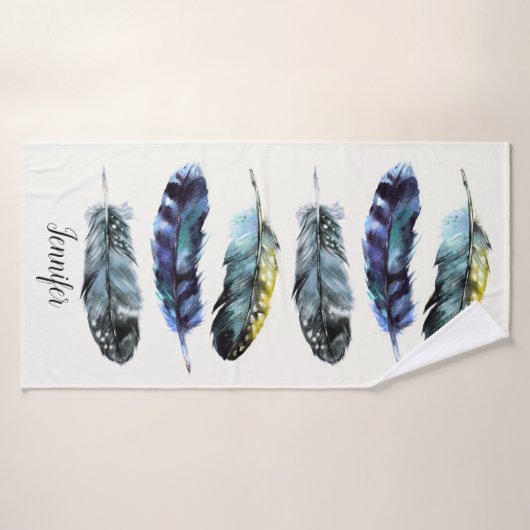 Boho Style Waterverf Feathers Personalizeerd Badhanddoek (Badhanddoek)