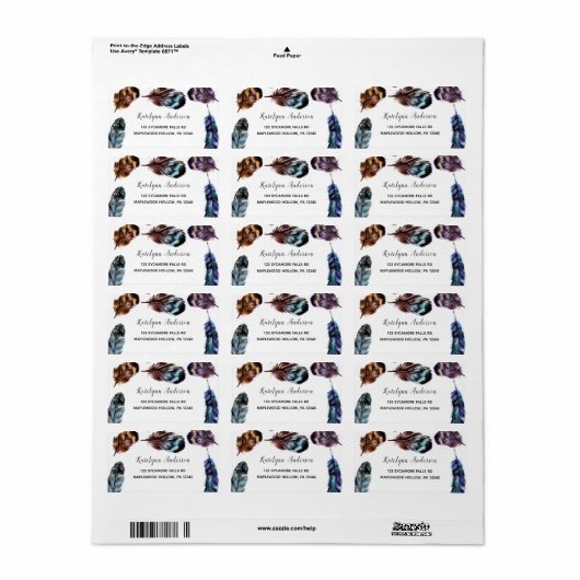 Boho Style Waterverf Feathers Return-adres Etiket (Full Sheet)