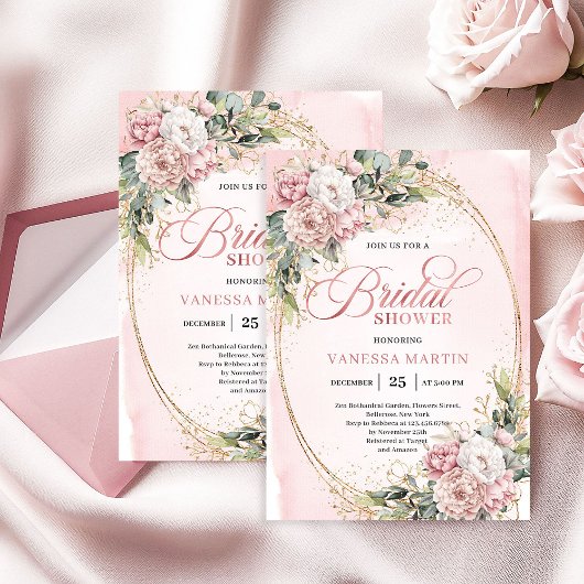 Boho Stylish Dusty Pink Floral Gold Bridal Shower Kaart