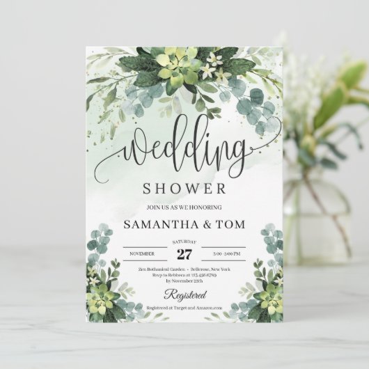 Boho succulent bloemblaadje eucalyptus bruiloft kaart (Staand voorkant)