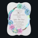 Boho Succulent Cactus Wreath 30th Birthday Party Kaart<br><div class="desc">Moderne,  robuuste kaart met waterverf succulente cactus met kleurrijke veren en handschrift,  op een witte getextureerde achtergrond. Het gebruik past hulpmiddel aan om uw info toe te voegen. Ga voor overeenkomende objecten naar het Collectie Succulent Cactus Wreath Wedding.</div>