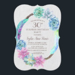 Boho Succulent Cactus Wreath 30th Birthday Party Kaart<br><div class="desc">Moderne,  robuuste kaart met waterverf succulente cactus met kleurrijke veren en handschrift,  op een witte getextureerde achtergrond. Het gebruik past hulpmiddel aan om uw info toe te voegen. Ga voor overeenkomende objecten naar het Collectie Succulent Cactus Wreath Wedding.</div>